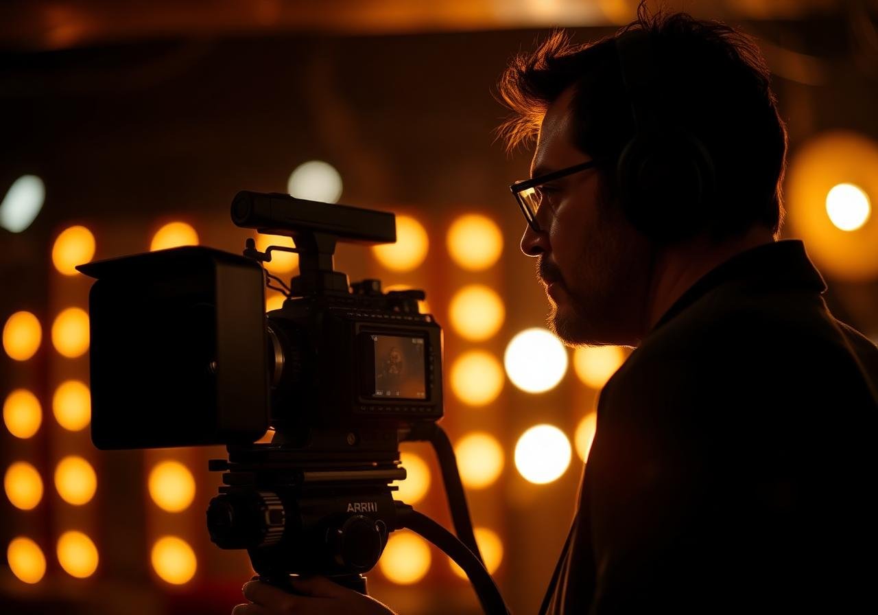 Director watching a monitor beside a cinema camera