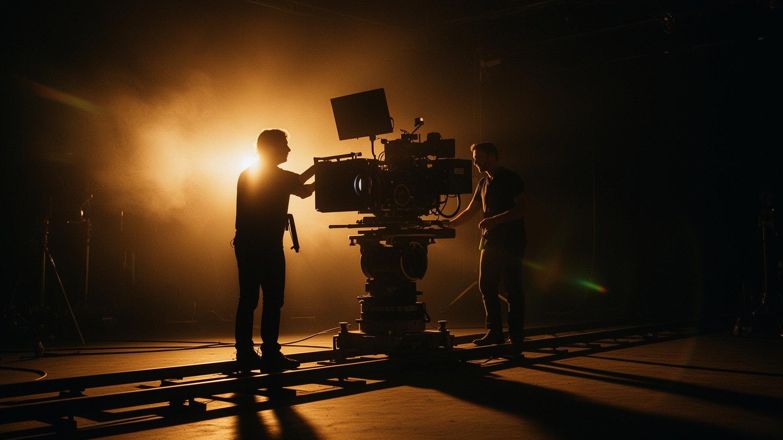 Crew silhouetted behind a cinema camera on a smoke-lit set