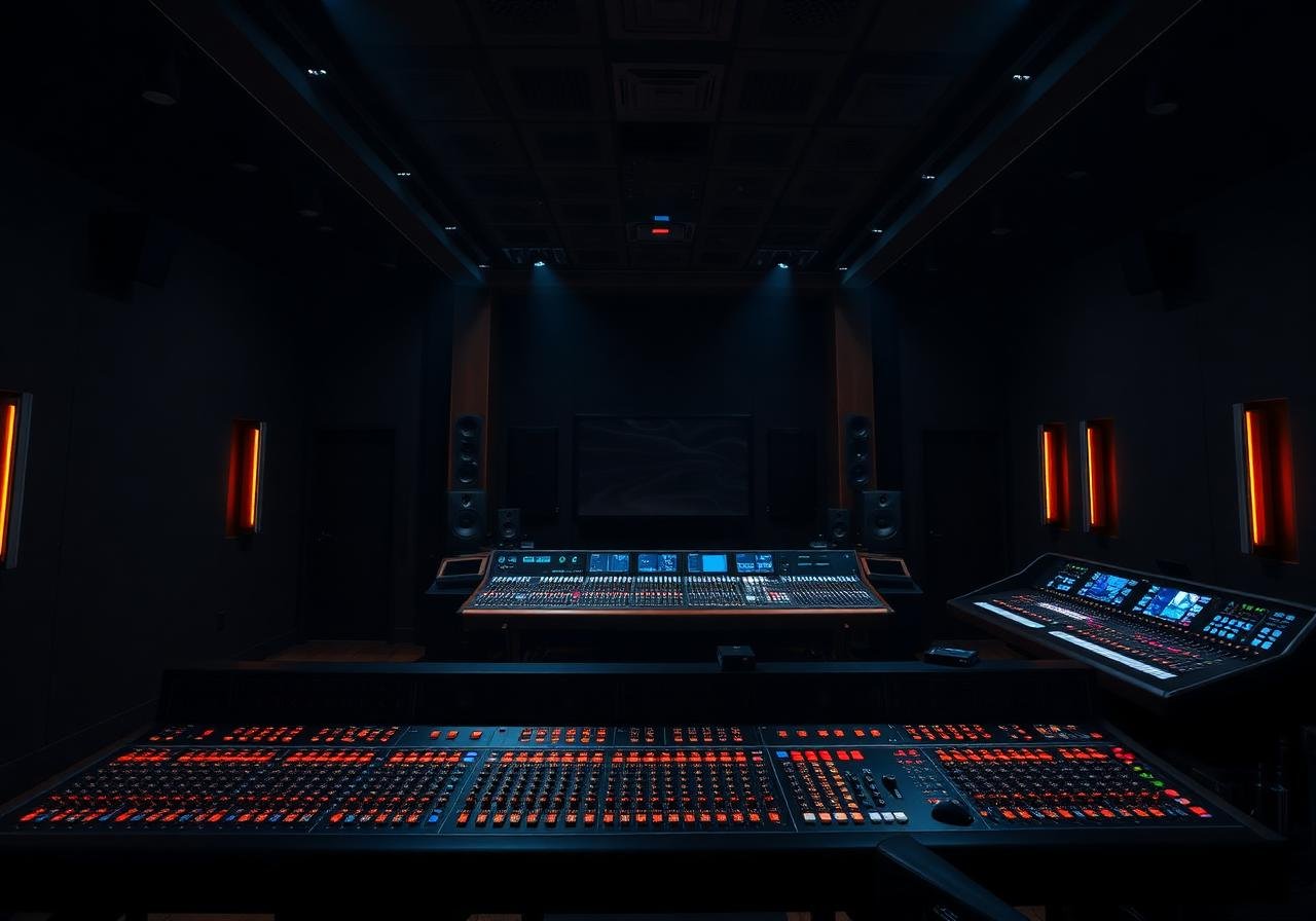 Mixing console in a dark sound studio